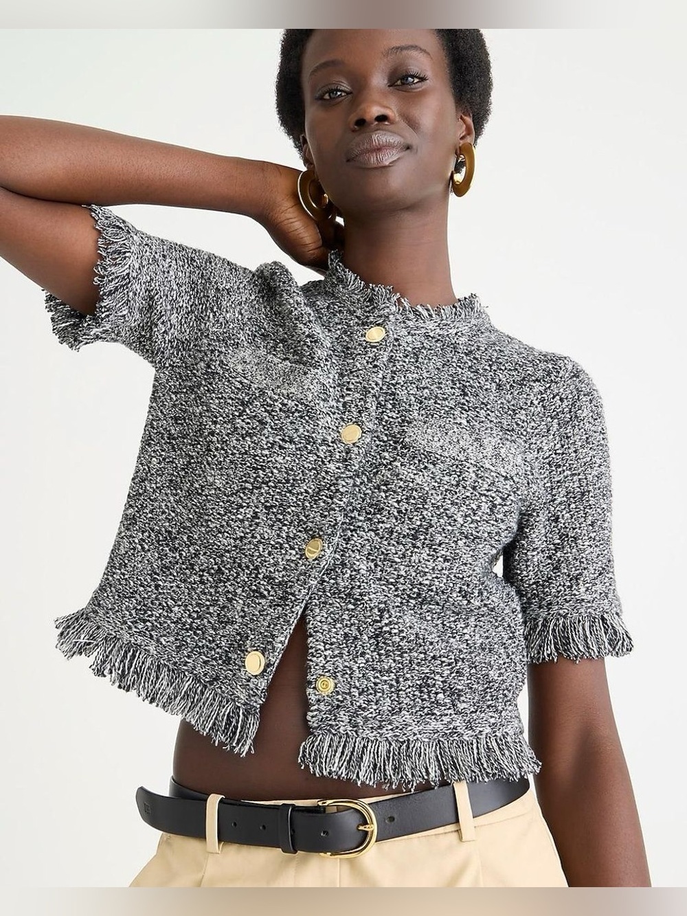 J.Crew Fringe-Trim Short-Sleeve Cropped Lady Jacket in Gray | M